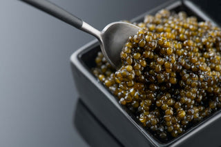 Haute D'Or Osetra caviar being scooped from a small dish with a mother-of-pearl spoon — Haute Caviar Co.